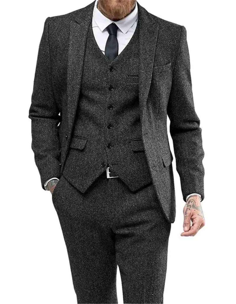 Men's Suits 3 Pieces Black Wool Herringbon Slim Fit Casual Formal Business Groomsmen Tweed Tuxedos for Wedding Blazer+Pants+Vest voguable