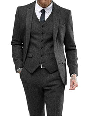 Men's Suits 3 Pieces Black Wool Herringbon Slim Fit Casual Formal Business Groomsmen Tweed Tuxedos for Wedding Blazer+Pants+Vest voguable