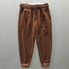 Cotton Thicken Winter Men Casual Pants Brown Japan Korea Style Loose Belt Trousers Baggy Pants Men Winter Autumn voguable