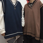 Korean Fashion V-neck Sleeveless Sweater Vests Trend Autumn Men and Women Harajuku England Loose Mens Sweater Vest Streetwear voguable