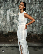 High Quality White Sleeveless Tassel Hollow Out Bodycon Rayon Bandage Dress Evening Party Sexy Dress voguable