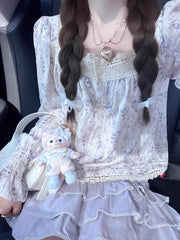 Voguable Sweet Floral 2 Piece Set Women Summer Korea Fashion Kawaii Suit Female Korean Lolita Flower Lace Tops +cute Mini Skirt Suit 2024 voguable