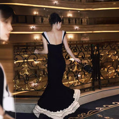 Voguable cybergoth dress to impress French Style Black Knitted Sling Dress Women's Summer Step Lotus Elegant Slim Slimming Fishtail Dress voguable