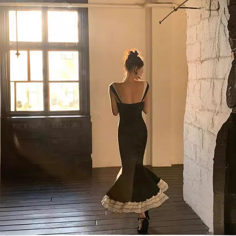 Voguable cybergoth dress to impress French Style Black Knitted Sling Dress Women's Summer Step Lotus Elegant Slim Slimming Fishtail Dress voguable