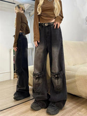 Voguable grunge dti American-Style Retro Black Stitching Ripped Jeans Women's High Street Loose Straight Wide-Leg Mopping Pants voguable