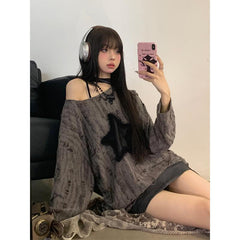 Voguable grunge dti Japanese Style Drawstring Gray Functional Style Hot Girl T-shirt Autumn Women's Top Star Ripped Loose Long Sleeve Bottoming Shirt Trendy voguable