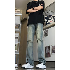 Voguable masc outfits Retro Blue Narrow Slim Jeans Men's Summer Vintage Washed American Pants High Waist Slimming Flared Pants voguable