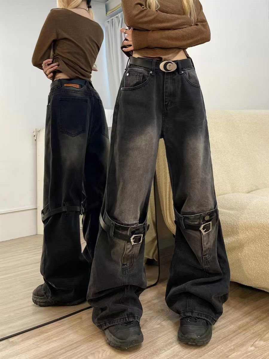 Voguable grunge dti American-Style Retro Black Stitching Ripped Jeans Women's High Street Loose Straight Wide-Leg Mopping Pants voguable
