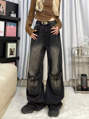 Voguable grunge dti American-Style Retro Black Stitching Ripped Jeans Women's High Street Loose Straight Wide-Leg Mopping Pants voguable