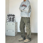 Voguable mens outfits American Retro Vintage Pants High Street Washed Green Jeans Men's Straight Loose Logging Overalls voguable