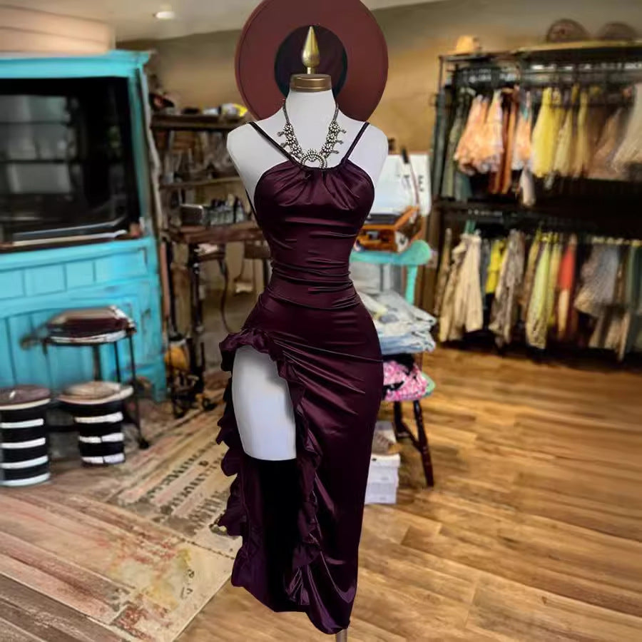 Voguable outfit inspo Women's Sleeveless Sling Solid Color Satin Exposed Leg Dress voguable