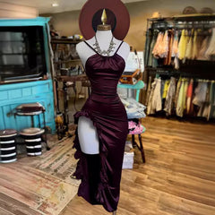 Voguable outfit inspo Women's Sleeveless Sling Solid Color Satin Exposed Leg Dress voguable