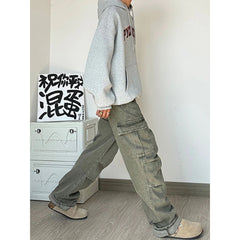 Voguable mens outfits American Retro Vintage Pants High Street Washed Green Jeans Men's Straight Loose Logging Overalls voguable