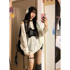 Voguable grunge dti Japanese Style Drawstring Gray Functional Style Hot Girl T-shirt Autumn Women's Top Star Ripped Loose Long Sleeve Bottoming Shirt Trendy voguable