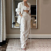 Voguable 2000s fashion Cross-Level Fashion Two-Piece Suit Apricot Multi-Pocket Suit Suit Trousers Loose Ribbon Pants voguable