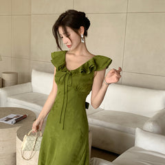 Voguable masquerade dress to impress High Quality Summer New Elegant Lady V-neck Sleeveless Lace-up Ruffled Collar Dress Women's Waist Slimming A- line Skirt voguable