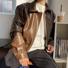 Voguable 90s fashion men Retro Youth Short Leather Jacket Men's Loose Pu Shuai Motorcycle Clothing Light Luxury Pilot Leather Jacket Trendy voguable