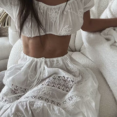 Voguable dti outfits French Style Suit Women's New off-Neck Lace Short Top + High Waist Lace-up Stitching Dress voguable