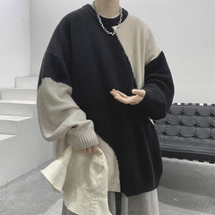 Voguable 90s streetwear round Neck Sweater Men's Winter New Fashion Brand Sweater Coat Design Sense Niche Stitching Contrast Color Sweater voguable