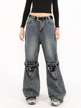 Voguable grunge dti Spring Blue Ripped Skinny Jeans Men's and Women's American-Style Retro Belt Stitching Straight Wide-Leg Trousers voguable