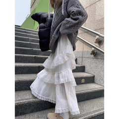 Voguable outfit inspo Sweet White Lace Stitching Skirt for Women Spring New Fashion Niche Chic Long Skirt voguable