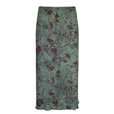 Voguable 90s fashion Chinese Style Artistic Retro Printed Straight Midi Skirt High Waist Lake Green Girl White All-Match Elegant Skirt voguable