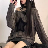 Voguable grunge dti Japanese Style Drawstring Gray Functional Style Hot Girl T-shirt Autumn Women's Top Star Ripped Loose Long Sleeve Bottoming Shirt Trendy voguable
