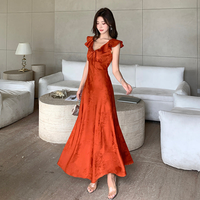 Voguable masquerade dress to impress High Quality Summer New Elegant Lady V-neck Sleeveless Lace-up Ruffled Collar Dress Women's Waist Slimming A- line Skirt voguable