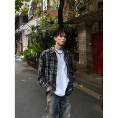 Voguable skater boy outfits American High Street Retro Niche Tie-Dyed Plaid Destroyed Frayed Shirt Shirt Men's Loose Autumn Long Sleeve Coat Fashion voguable