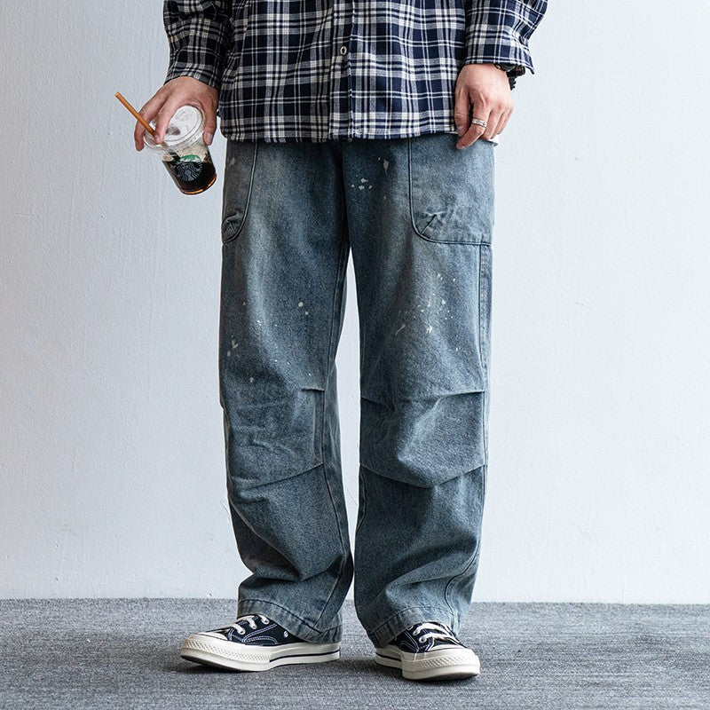 Voguable mens outfits American Style Street Washed Workwear Blue Jeans Men's Summer Loose All-Match Casual Trousers Straight Pants voguable