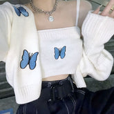 Voguable outfit Autumn New Korean Style Preppy Style Butterfly Embroidered Princess Sleeve Short Sling Coat Two-Piece Cardigan for Women voguable