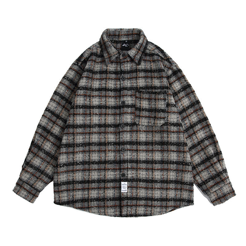 Voguable black men fashion urban Dress Vintage Autumn Japanese Retro Woolen Plaid Loose Long Sleeve Shirt Men's and Women's Neutral Style Coat Fashion voguable