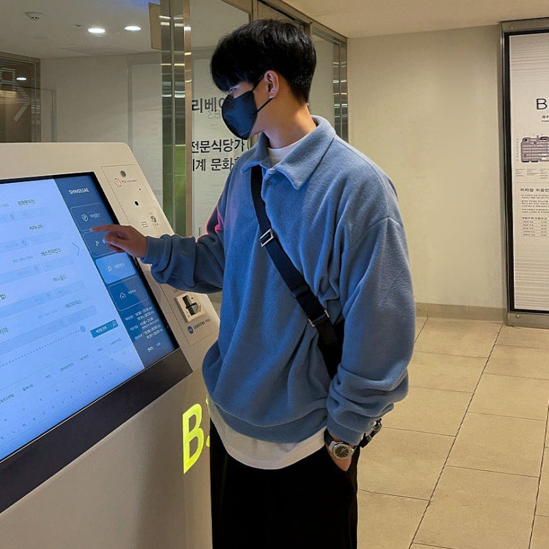 Voguable 90s fashion men BJ Autumn and Winter Thickened Lapel Sweater Men's Korean-Style Trendy Loose Long-Sleeved Polo Shirt Solid Color All-Matching Coat voguable