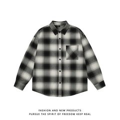 Voguable black men fashion urban Spring and Autumn Flannel Cotton Plaid Long-Sleeved Shirt Men's Japanese Wear Loose plus Size All-Match Top Coat voguable