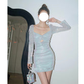 Voguable nerdy dress to impress New French Socialite Dinner Dress Sequined Pleated Twisted Long Sleeve Dress Women's Slim-Fit Elegant Hip Skirt voguable