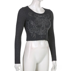 Voguable grunge outfits New Hot Rhinestone Long-Sleeved T-shirt Women's Cropped Top T-shirt Women's Long-Sleeved Autumn voguable