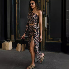European and American women's clothing autumn and winter leopard print oblique shoulder exposed waist waist bag skirt slit one shoulder dress