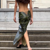 sexy back tie hollow slit slim fit royal sister style rubbed color PU hip skirt