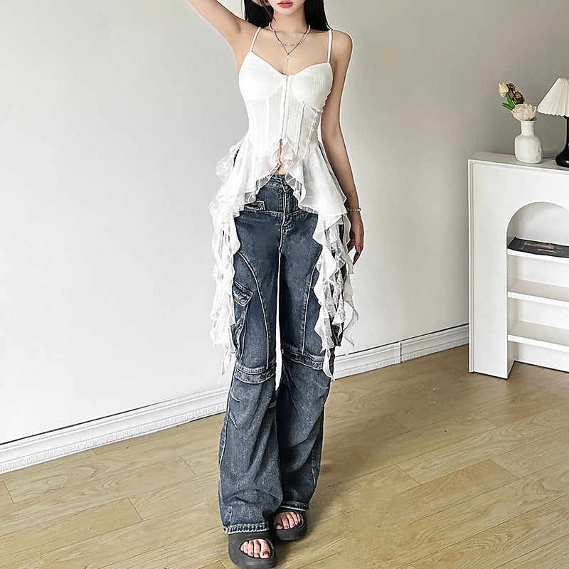 Voguable summer outfits inspo Style Summer New Women's French Strap Dress Irregular Ruffled Waist Tight Solid Color Vest voguable