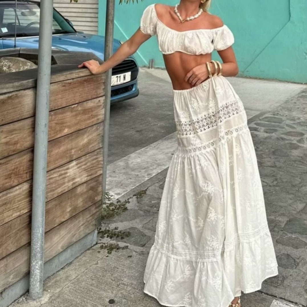 Voguable dti outfits French Style Suit Women's New off-Neck Lace Short Top + High Waist Lace-up Stitching Dress voguable