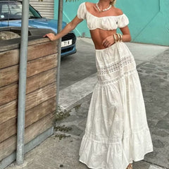 Voguable dti outfits French Style Suit Women's New off-Neck Lace Short Top + High Waist Lace-up Stitching Dress voguable