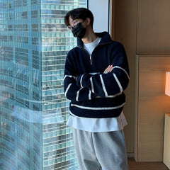 Voguable black men fashion urban Japanese Style Lapel Sweater Men's Autumn Korean Style Trendy Lazy Style Versatile Striped Pullover Half Zipper Knitted Coat Trendy voguable