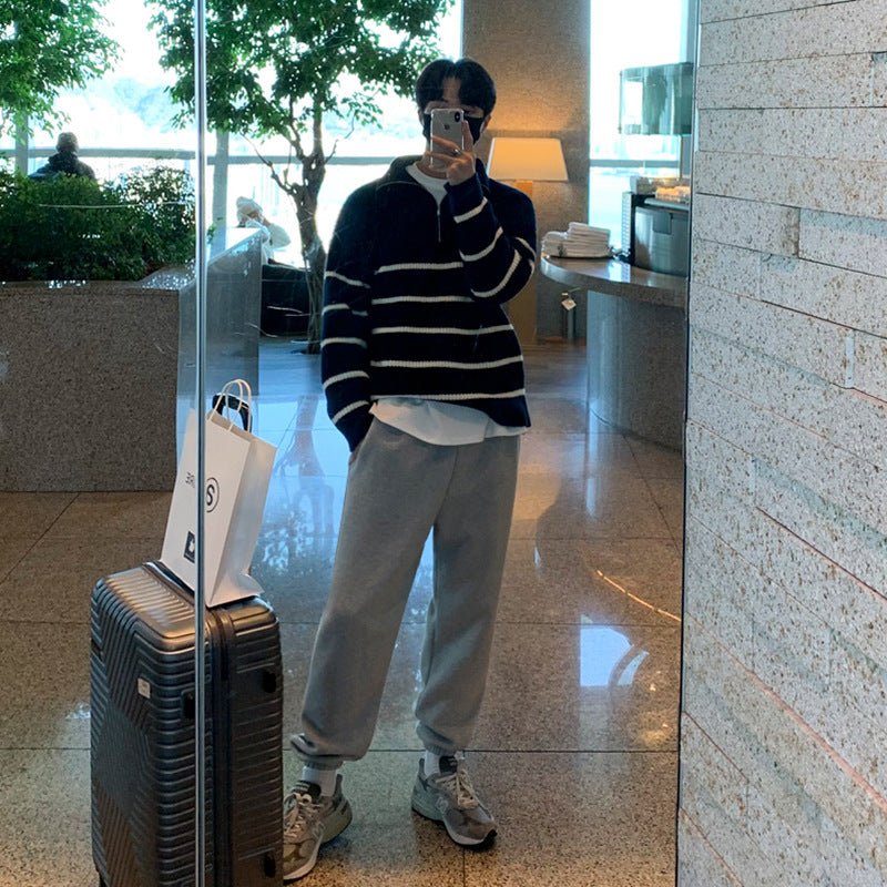 Voguable black men fashion urban Japanese Style Lapel Sweater Men's Autumn Korean Style Trendy Lazy Style Versatile Striped Pullover Half Zipper Knitted Coat Trendy voguable