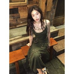 Voguable outfit inspo Spring and Autumn Retro Green Knitted Sling Dress Women's Hot Girl Style Tight Waist Outer Wear Ripped Sheath Long Skirt voguable