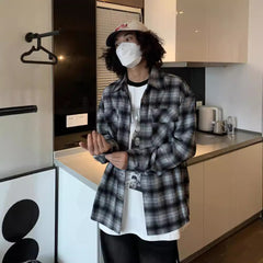 Voguable men fall outfits American Autumn and Winter New Brushed Thickened All-Match Long-Sleeved Shirt Men's Plaid Casual Retro Couple voguable