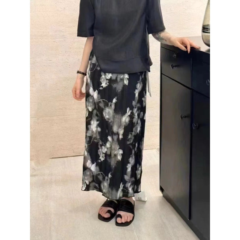 Voguable grunge outfits French Style Retro Tight Loose Waist Floral Skirt Women's Summer New Small High Waist Drape Pleated Split A- line Skirt voguable