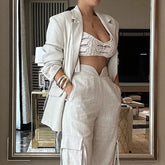 Voguable 2000s fashion Cross-Level Fashion Two-Piece Suit Apricot Multi-Pocket Suit Suit Trousers Loose Ribbon Pants voguable