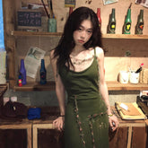 Voguable outfit inspo Spring and Autumn Retro Green Knitted Sling Dress Women's Hot Girl Style Tight Waist Outer Wear Ripped Sheath Long Skirt voguable