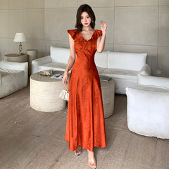 Voguable masquerade dress to impress High Quality Summer New Elegant Lady V-neck Sleeveless Lace-up Ruffled Collar Dress Women's Waist Slimming A- line Skirt voguable