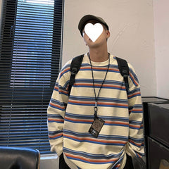 Voguable masc outfits Spring and Autumn Contrast Color Striped Shirt Men's Loose Clothes Pullover Casual round Neck Sweater Coat voguable